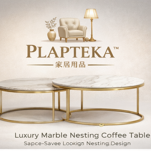 PLAPTEKA™ Aurora Marble Nesting Coffee Table – Luxury Round Living Room Table with Gold Frame
