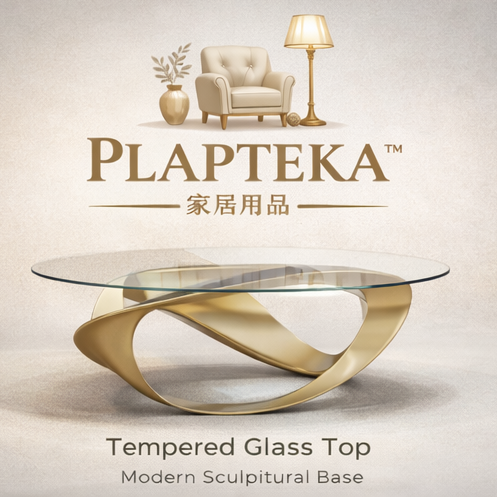 PLAPTEKA™ Halo Glass Coffee Table – Sculptural Modern Living Room Table with Curved Base