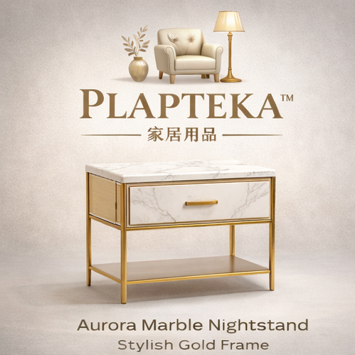 PLAPTEKA™ Aurora Marble Nightstand – Luxury Modern Bedside Table with Gold Frame & Drawer